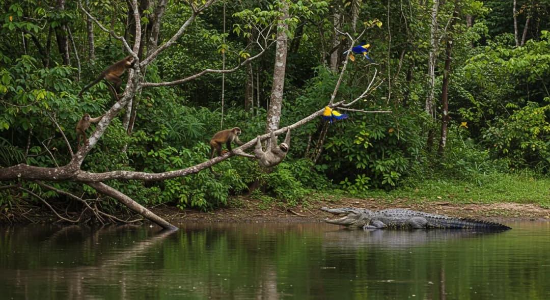 A tropical river scene in Costa Rica with monkeys on tree branches