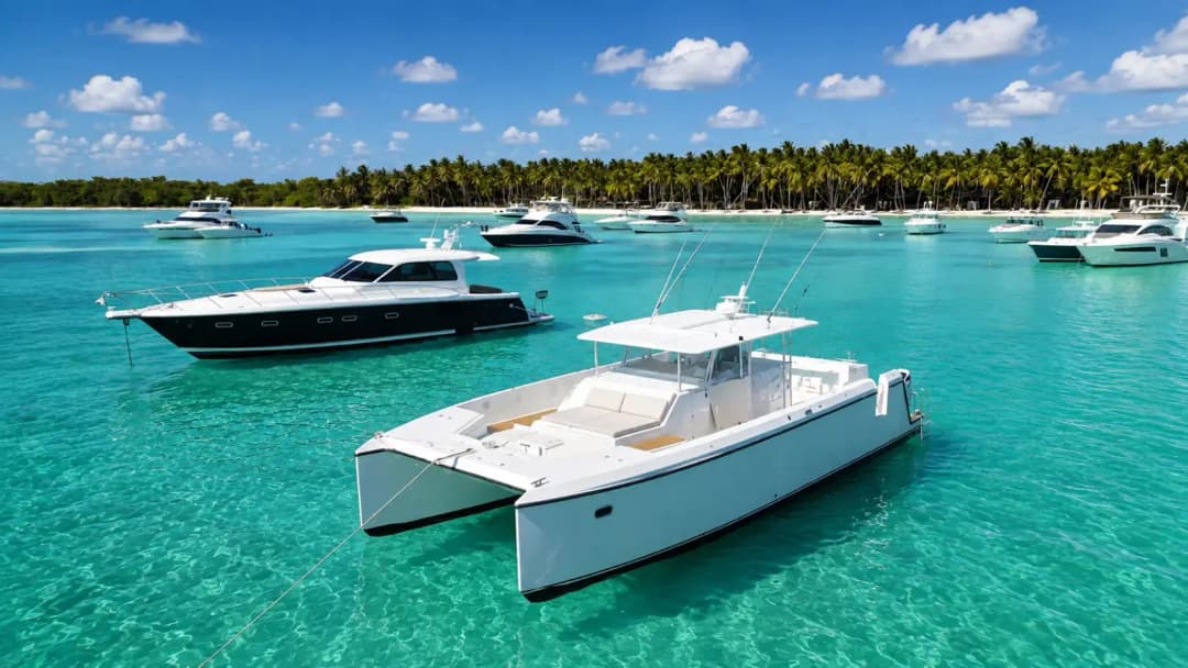 Private Saona Island Excursion: Luxury Day Trip Guide showing a luxury white catamaran anchored in the clear turquoise waters of Saona Island with pristine white sand beaches, swaying palm trees, and luxury yachts creating an exclusive Caribbean day trip setting.