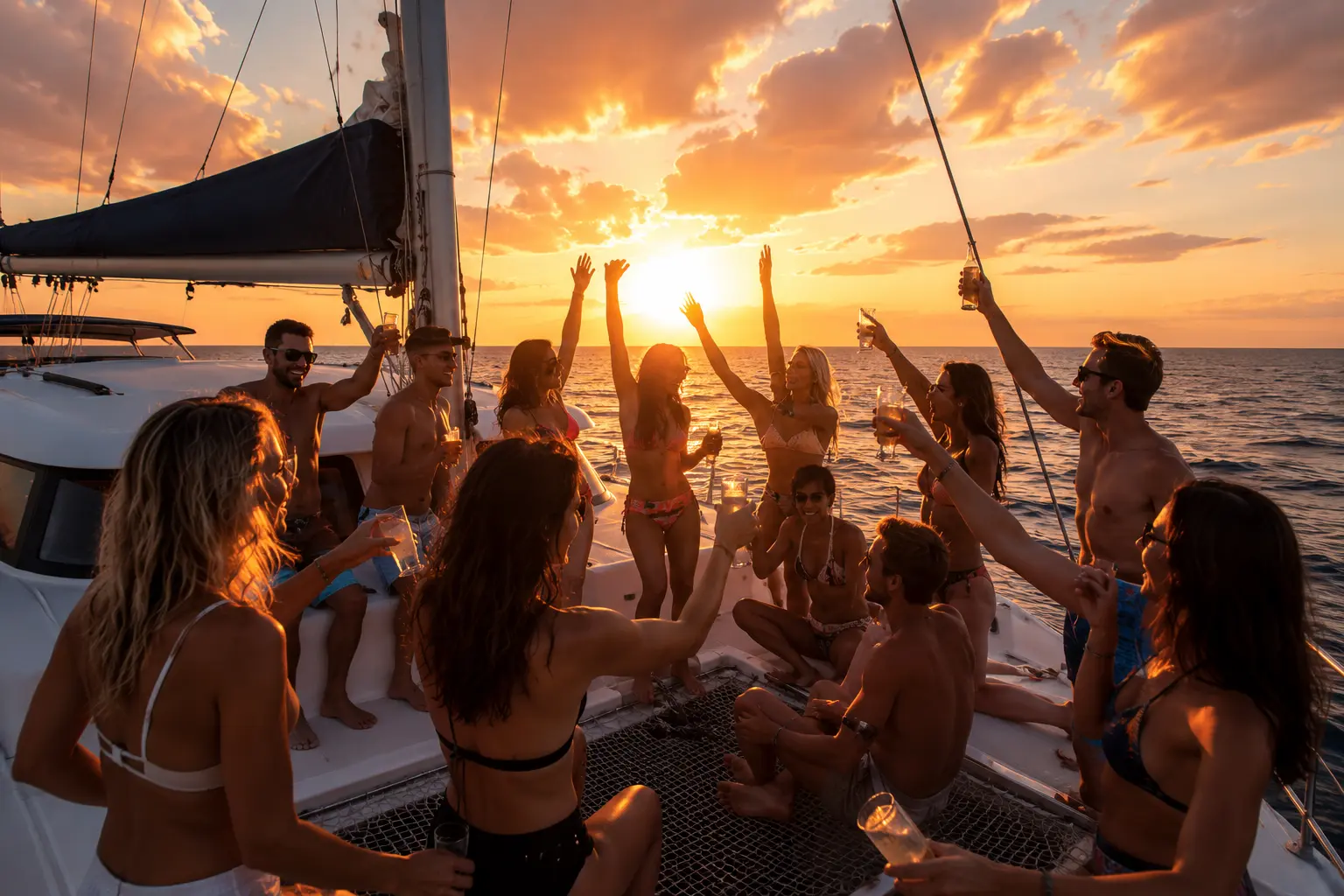 Crowd of guests raising glasses and dancing on the catamaran's front net at sunset off Cancún