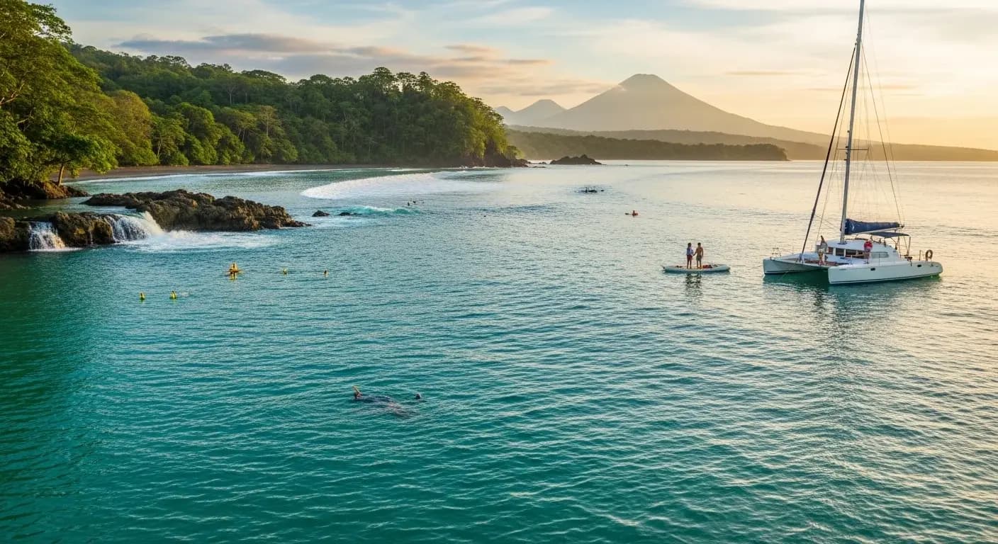 Couple enjoying a sunset catamaran cruise along Costa Rica’s coastline with rainforest, volcano, and waterfall views in the background