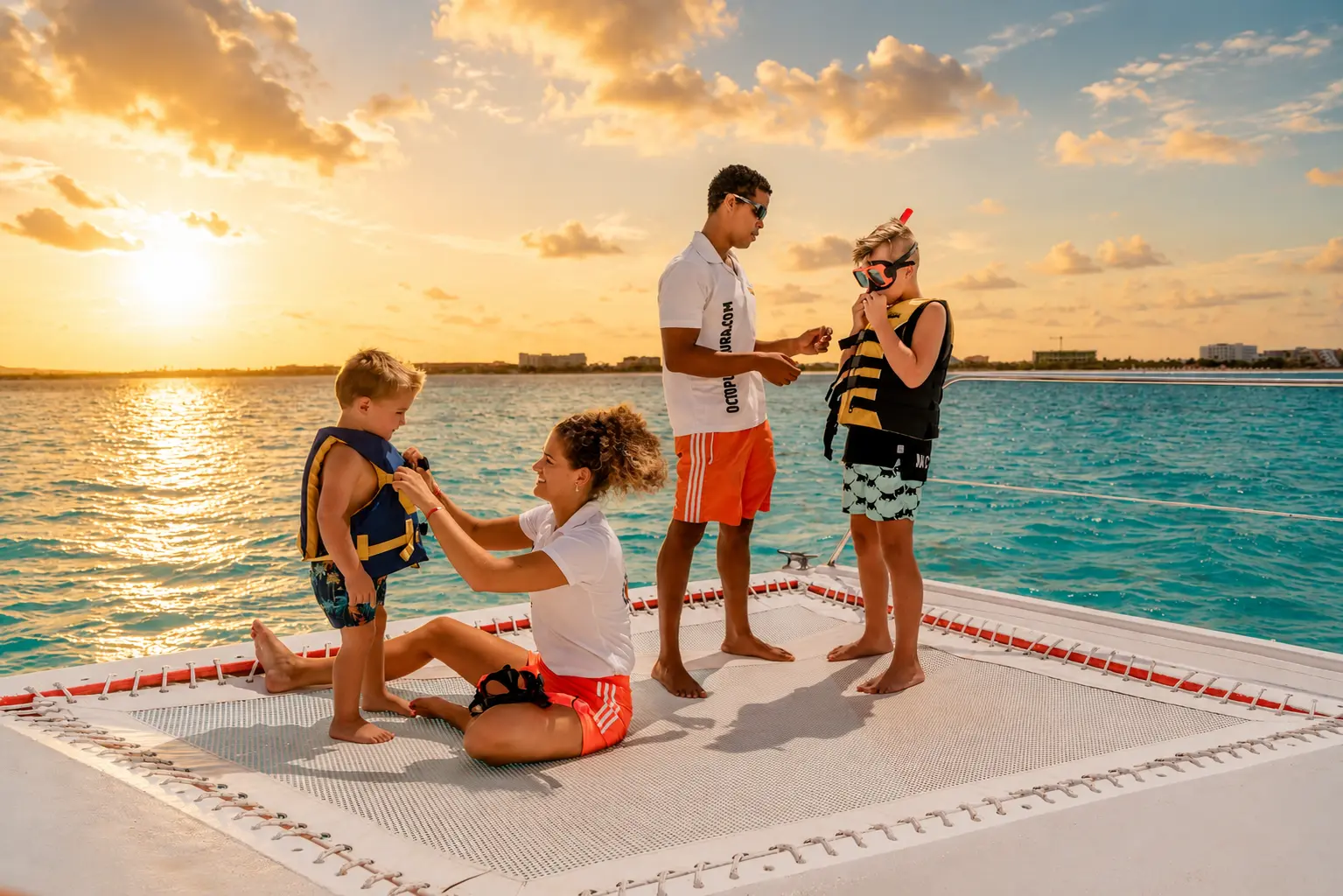 Crew fitting kids with life vests and snorkel masks on the catamaran net at sunset off Aruba