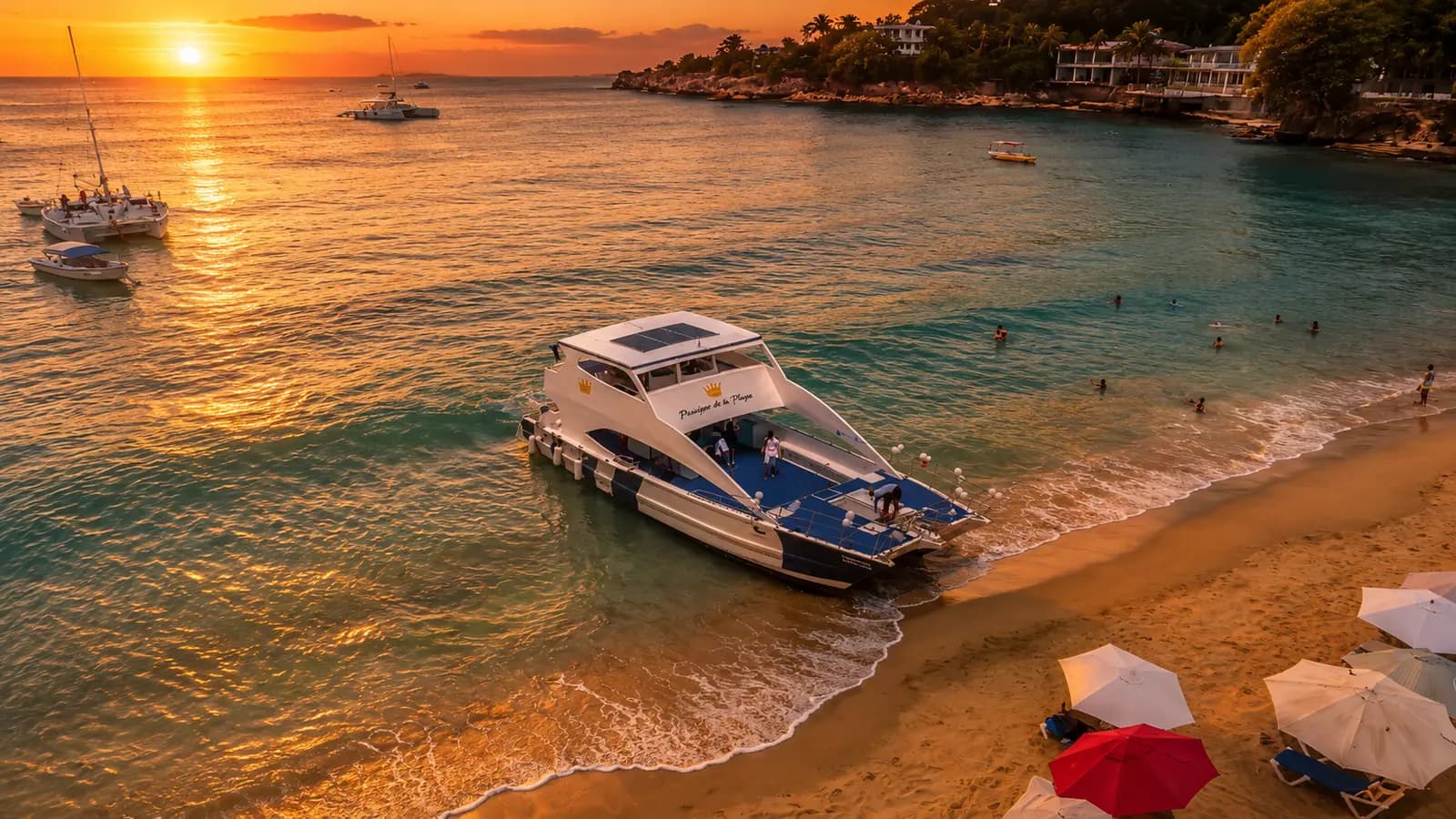 Power catamaran moored at a golden sand beach near Puerto Plata at sunset, sailboats anchored in the bay
