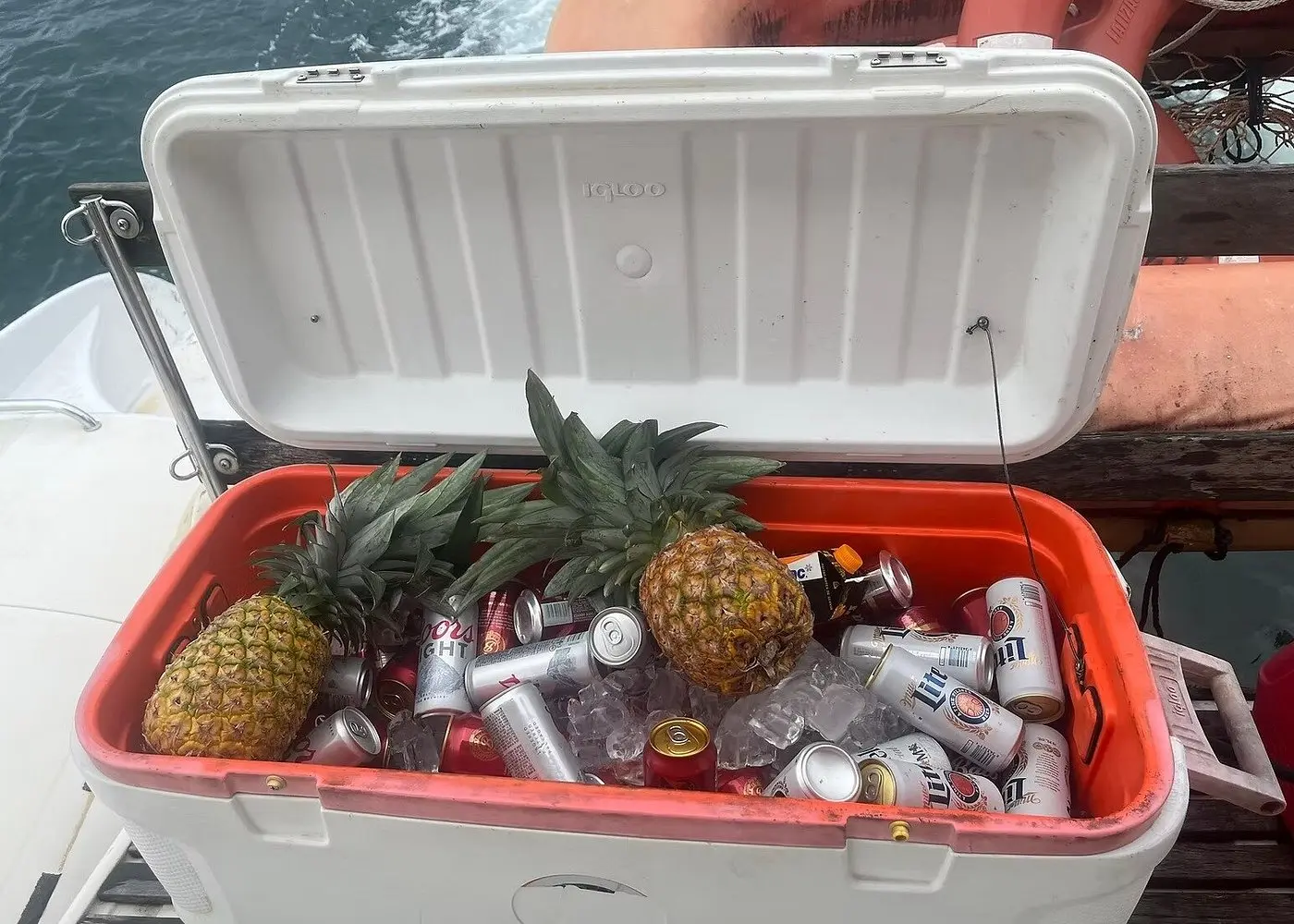 Open cooler packed with ice, canned drinks and two whole pineapples on a catamaran deck