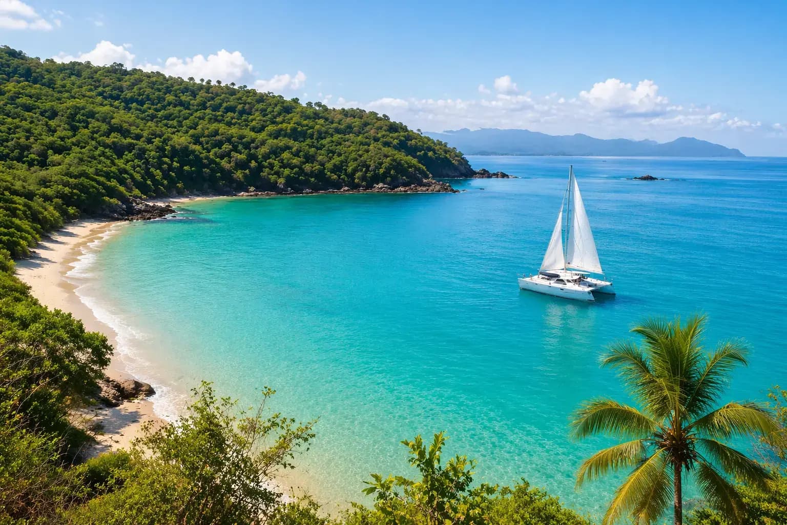 Scenic view of Papagayo coastline with catamaran sailing on calm turquoise water, showcasing what to do in Papagayo Costa Rica