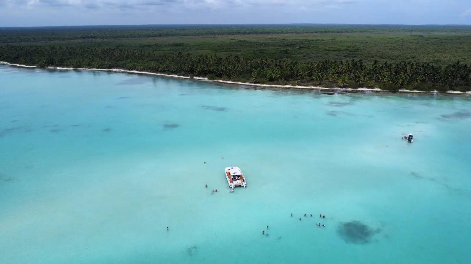 Wide aerial view of a power catamaran in the shallow natural pool along Saona Island's palm-forested coast