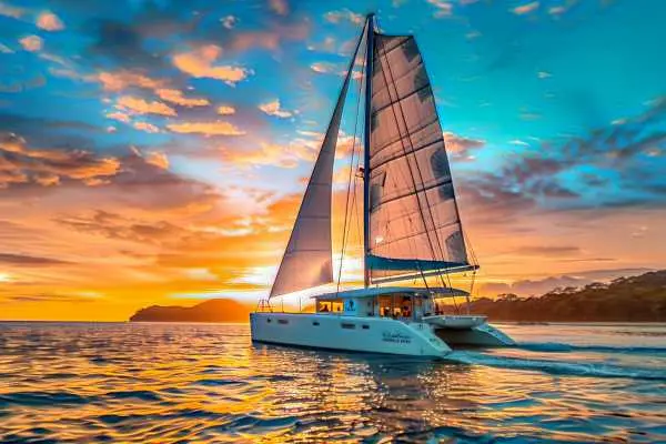 Sailing catamaran under full sail beneath an orange and blue sunset sky along Costa Rica's coast