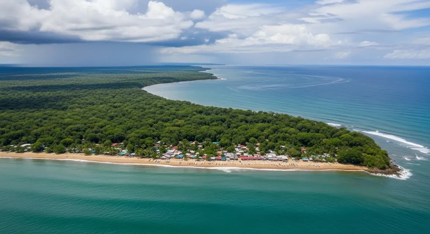 Aerial view of a forested Costa Rica coast with a beachfront village as rain clouds gather on the horizon