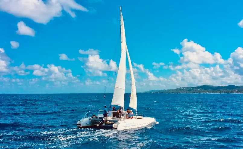 Sailing catamaran under full sail with guests aboard on deep blue water off Roatan's green coast