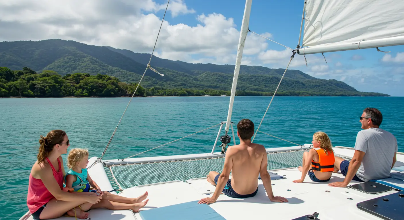 Catamaran tour in Costa Rica, with guests enjoying the ocean and sun.