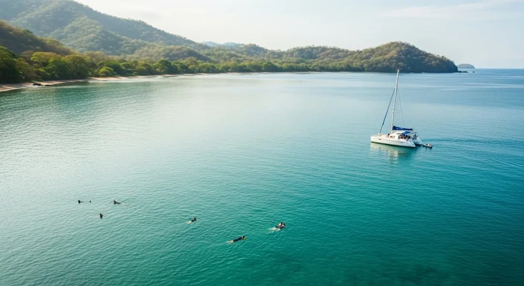 Calm protected bay in Papagayo Costa Rica with smooth water and a catamaran cruising slowly