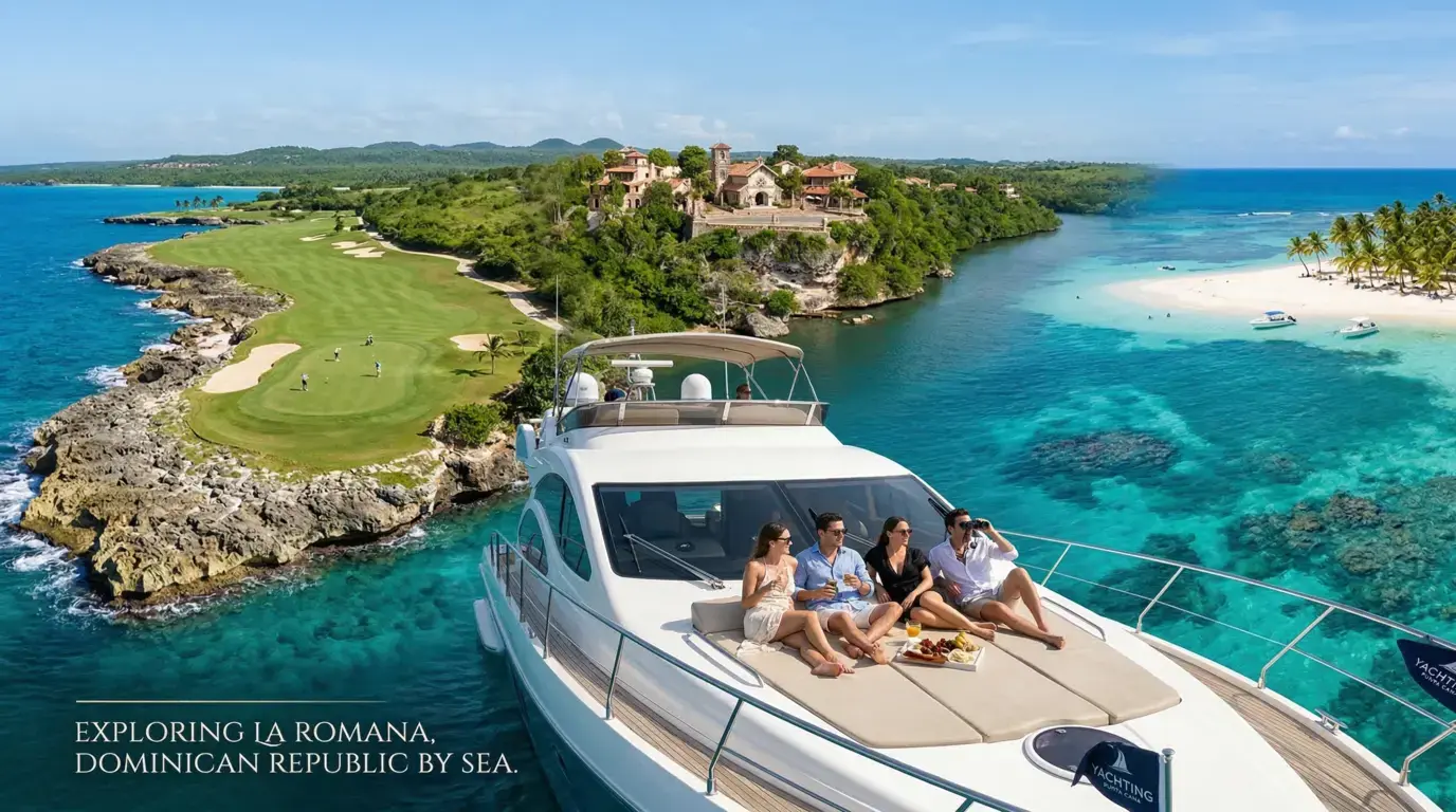 Four guests on a motor yacht's bow near a seaside golf course and hilltop stone village in La Romana
