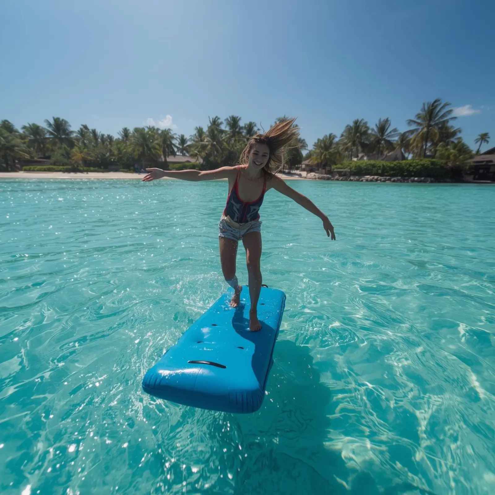 Woman balancing on a paddleboard in clear turquoise water off a palm-lined beach in Cap Cana