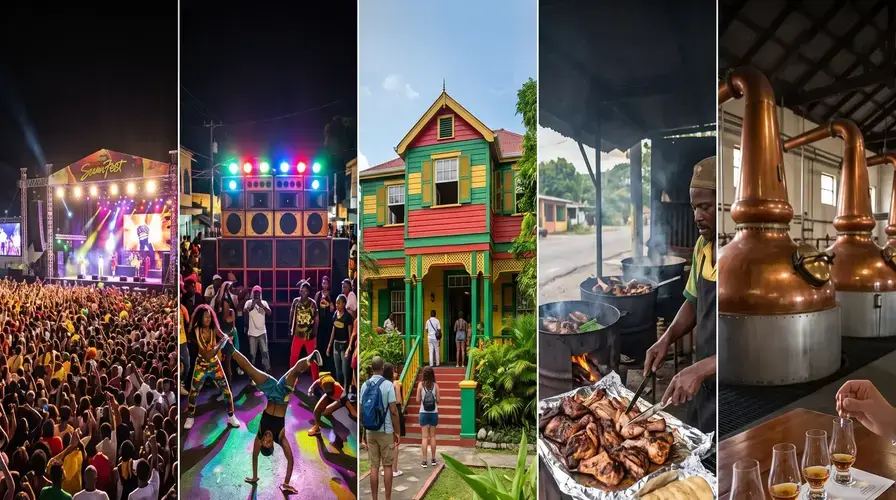 Collage of a concert crowd, street dancers, a painted house, grilled jerk chicken and copper rum stills in Jamaica