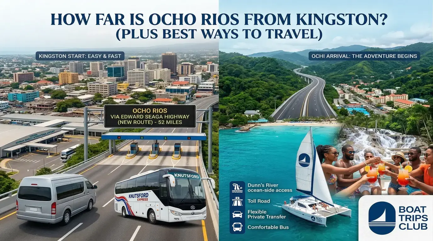 Graphic of a bus at a toll plaza signed Ocho Rios 52 miles, beside a catamaran and friends toasting by a waterfall