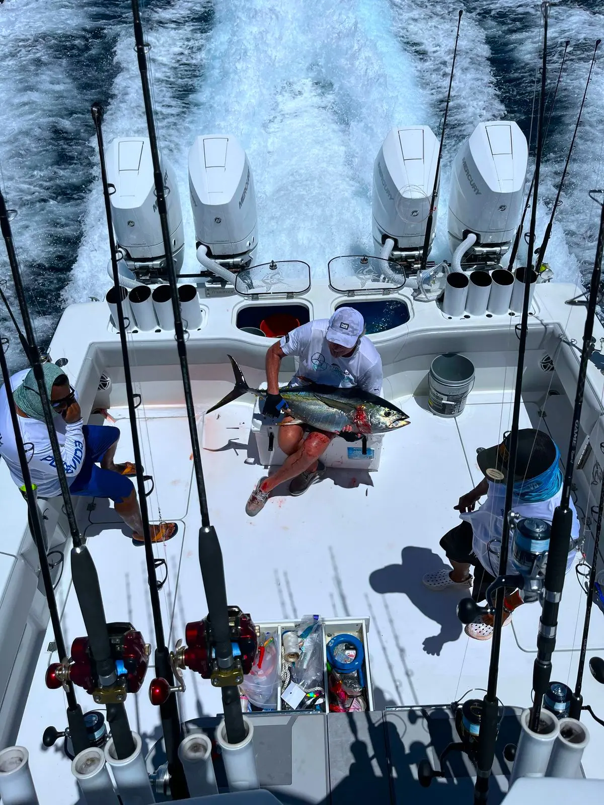 Overhead view of the sportfishing boat's cockpit, an angler holding a fresh tuna among racked rods