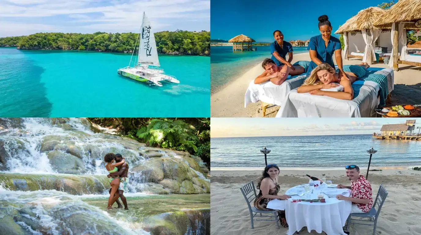 Collage of a catamaran in turquoise water, a couple's beach massage, a waterfall embrace and a beach dinner in Ocho Rios