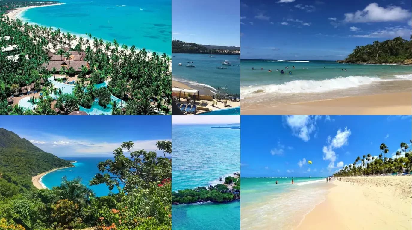 Collage of Dominican Republic beaches: a palm-lined resort shore, a green hillside bay and swimmers in the surf