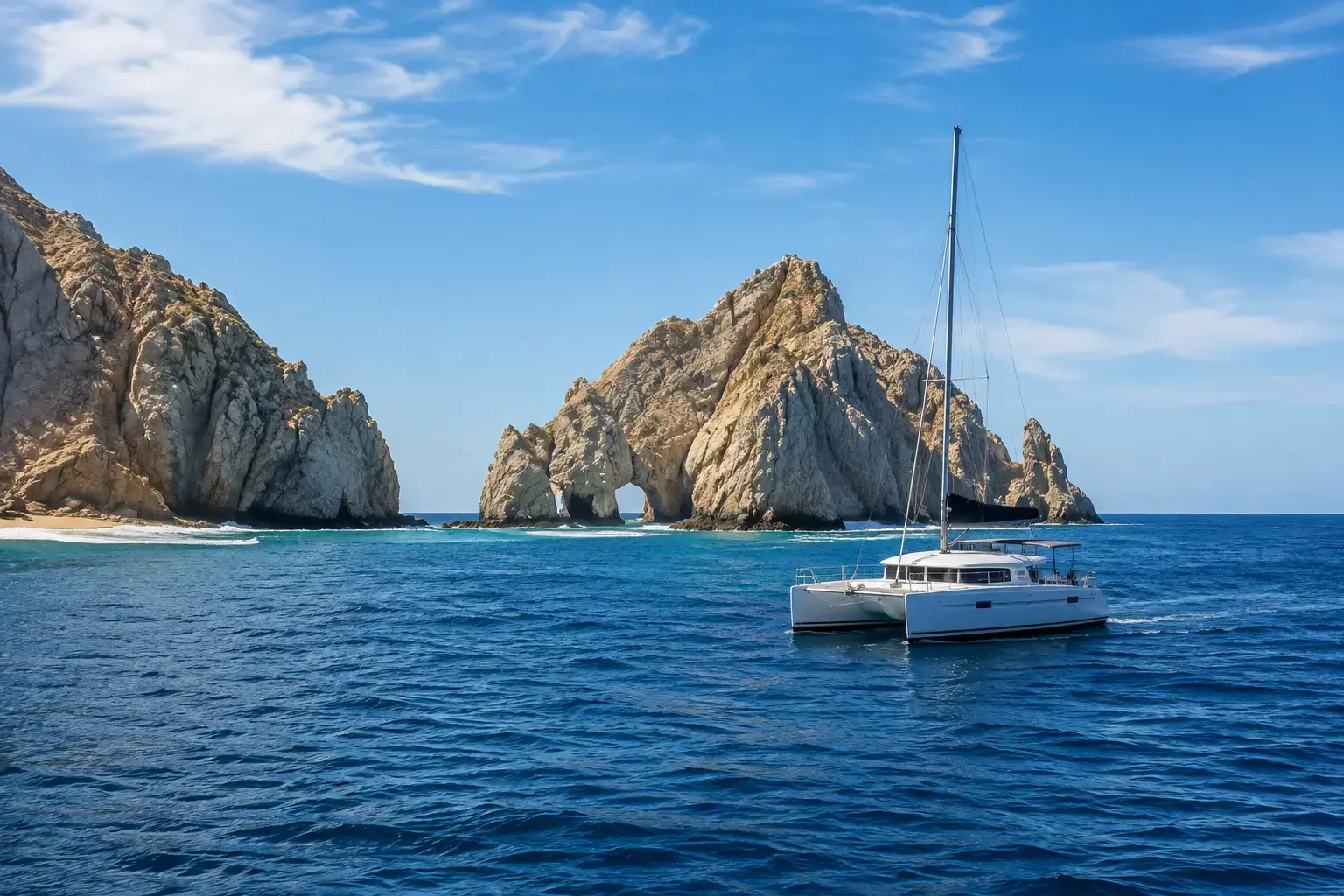 Is Cabo San Lucas Safe with a realistic white catamaran sailing in deep blue waters near the iconic Cabo San Lucas rock formations.