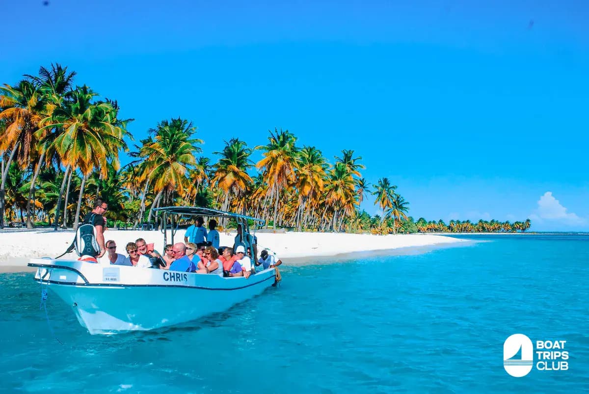 Speedboat full of guests beside a palm-lined white-sand beach on Saona Island