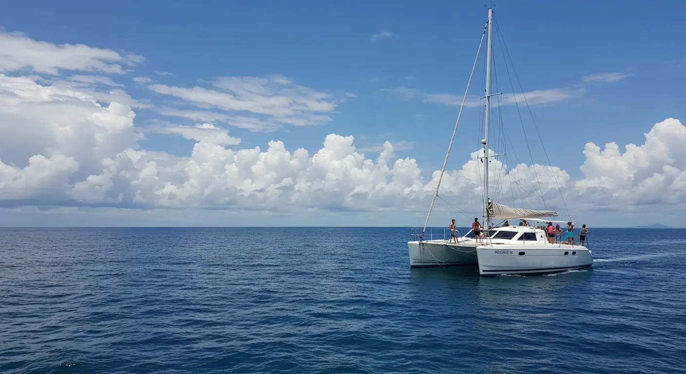 Guests on a sailing catamaran cruising open blue water under puffy white clouds off Tamarindo