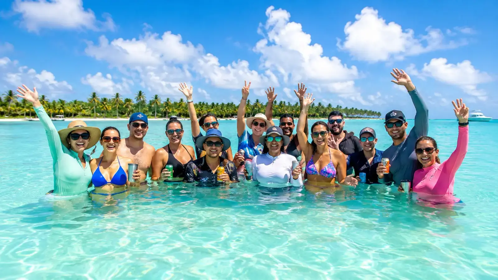 Group of guests waving from waist-deep turquoise water off Saona Island