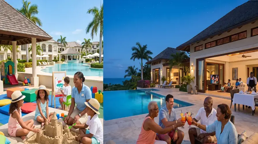 Kids building sandcastles with a resort staffer, and adults toasting by an infinity pool at dusk in Jamaica