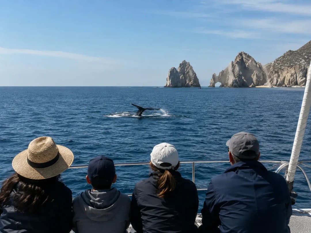 Whale watching in Cabo San Lucas with a family viewed from behind on a catamaran, watching a humpback whale in the deep blue ocean near the rocky coastline.