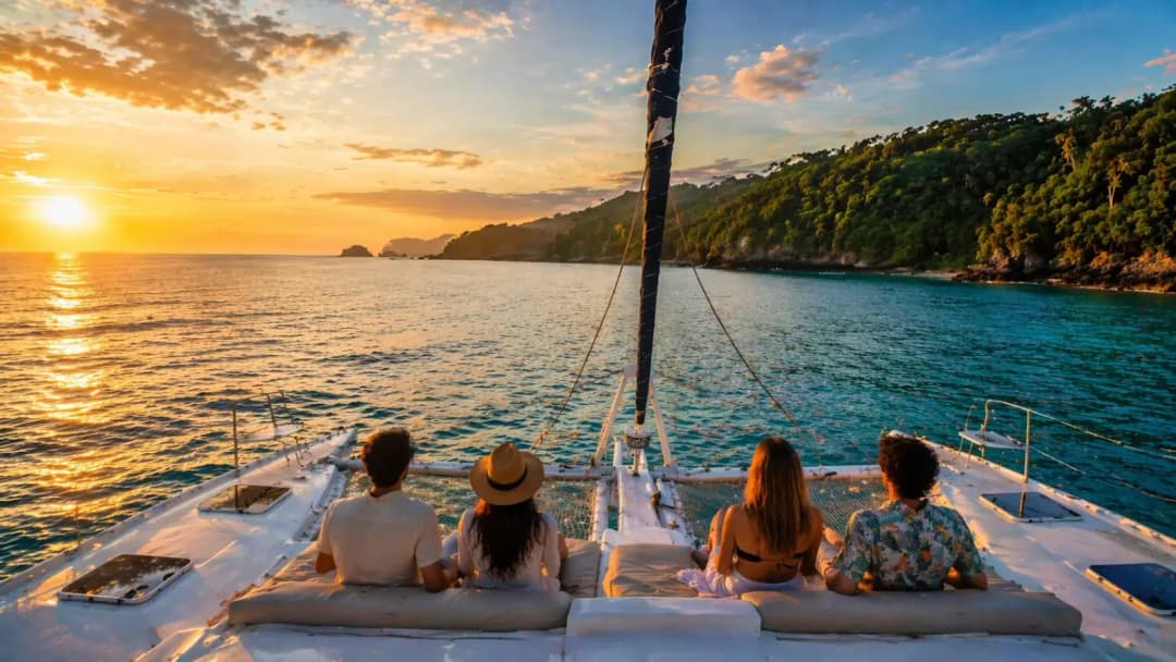 Catamaran getaway in Costa Rica with people relaxing on deck at sunset facing the Pacific coast and tropical landscape