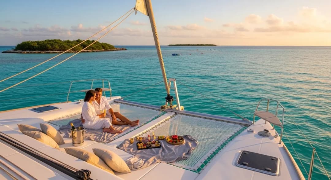 Couple on a Cancun catamaran at sunset with champagne and snacks.
