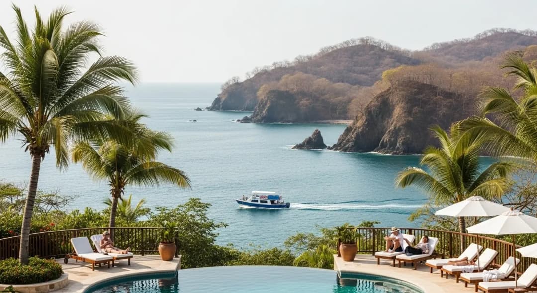 View from a catamaran heading along the Papagayo Costa Rica coastline toward hidden beaches
