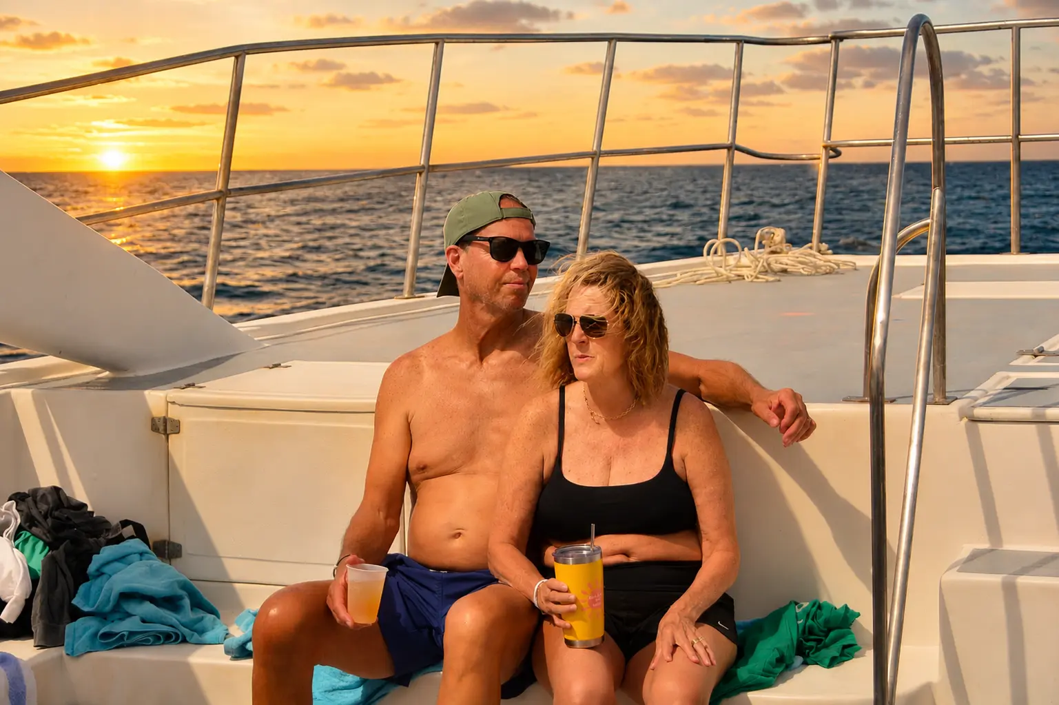 A couple relaxing with drinks on the catamaran's deck at sunset off Puerto Plata