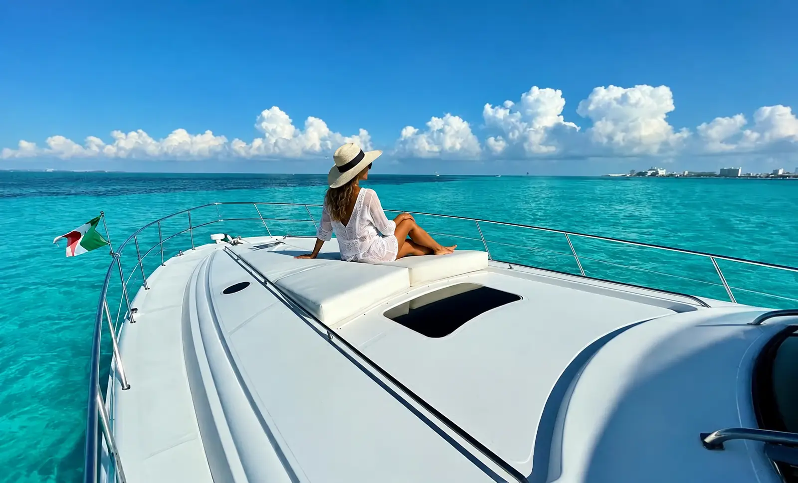Side view of a woman in a white cover-up and sun hat lounging on a yacht's foredeck, puffy clouds over the sea