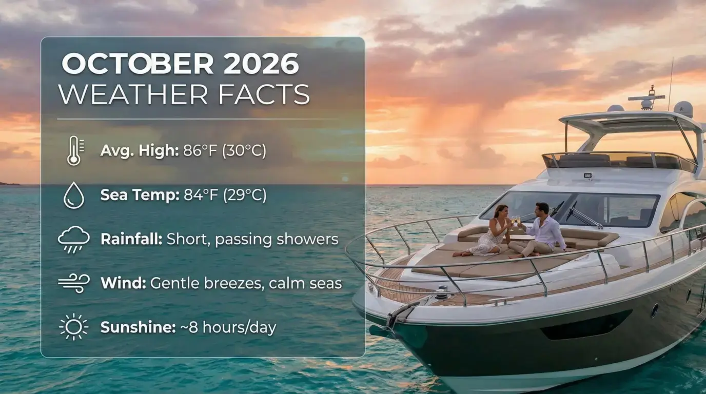 Couple toasting on a yacht off Punta Cana at sunset, with October stats: 30°C highs, 29°C sea, brief showers