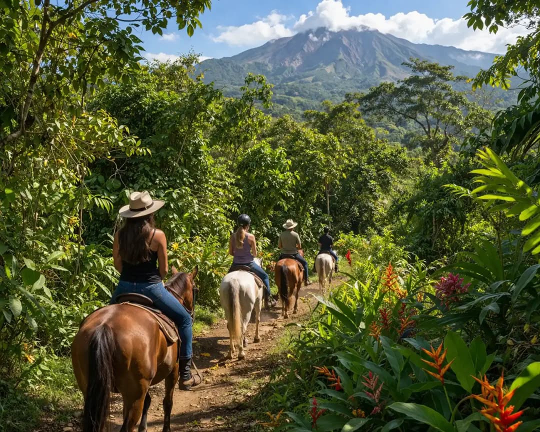 People horseback riding along a rainforest trail near Rincon de la Vieja Volcano, surrounded by lush tropical vegetation and sunlight filtering through the trees in Playa Flamingo, Costa Rica.