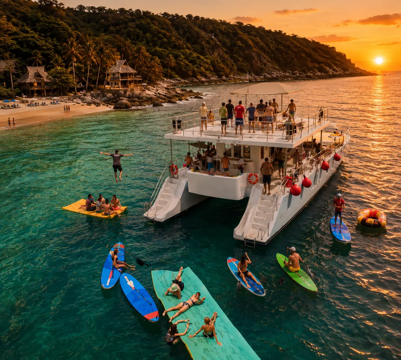 Aerial view at sunset of a two-deck catamaran with guests paddleboarding and swimming off Puerto Vallarta