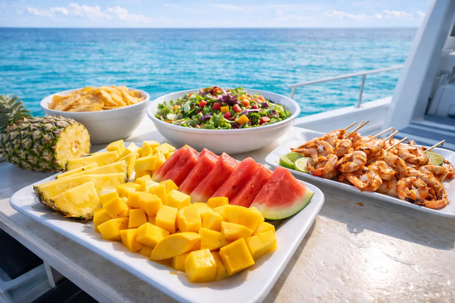 Platters of fresh pineapple, watermelon, salad and grilled shrimp skewers on the catamaran deck