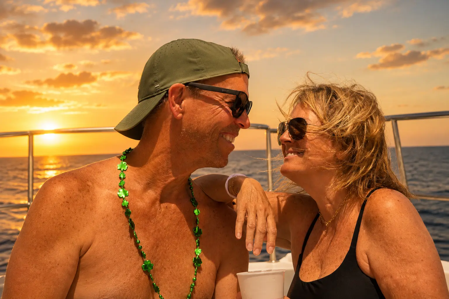 Couple smiling at each other on deck at sunset, the man in a cap and green bead necklace