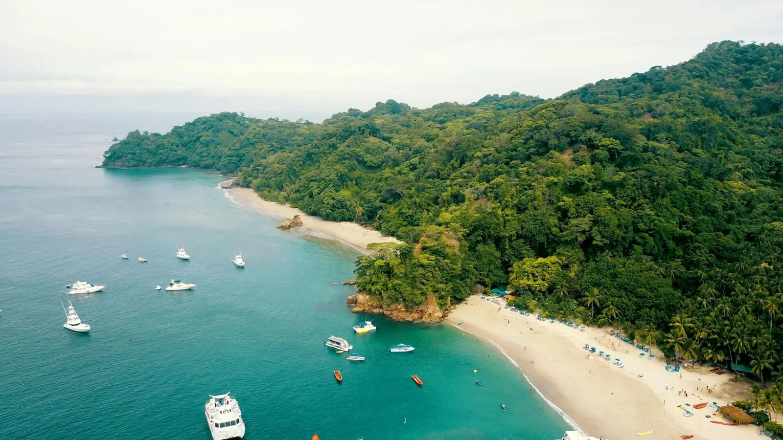 Aerial view of motor yachts and tour boats anchored off a jungle-covered beach in Costa Rica