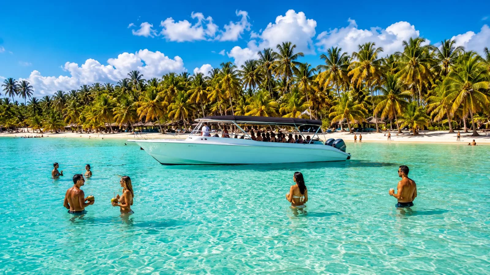 Swimmers standing in turquoise water near a speedboat anchored off a palm-lined Saona Island beach