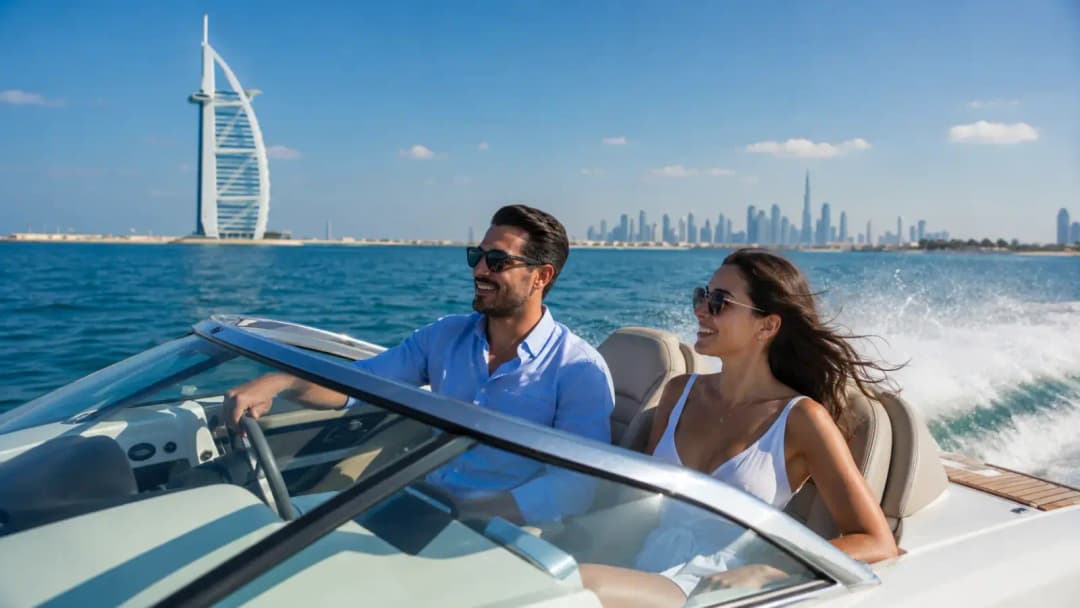 Smiling couple on a speedboat, the man at the wheel, with a sail-shaped hotel tower and the Dubai skyline behind