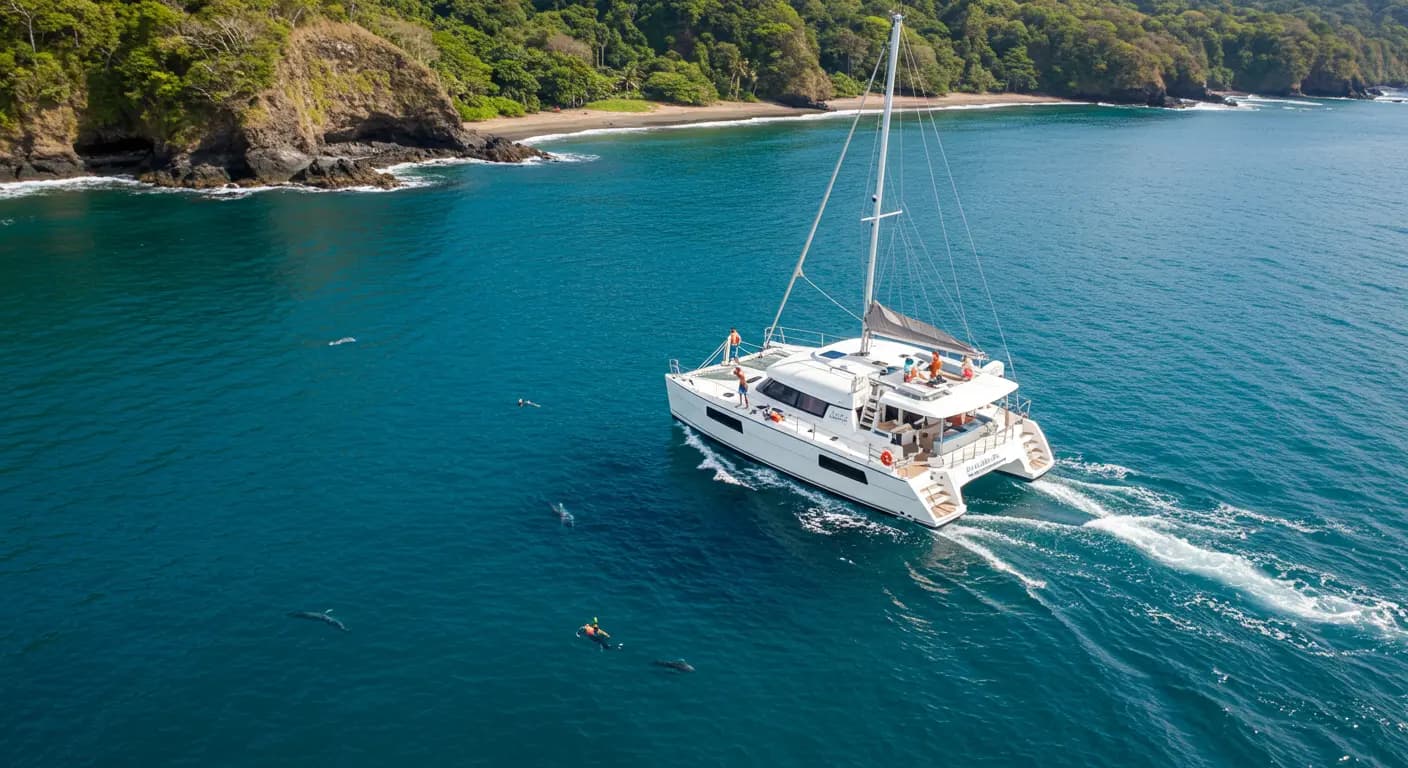 Catamaran tour Costa Rica as the boat cruises near a beautiful shoreline with swimmers nearby.