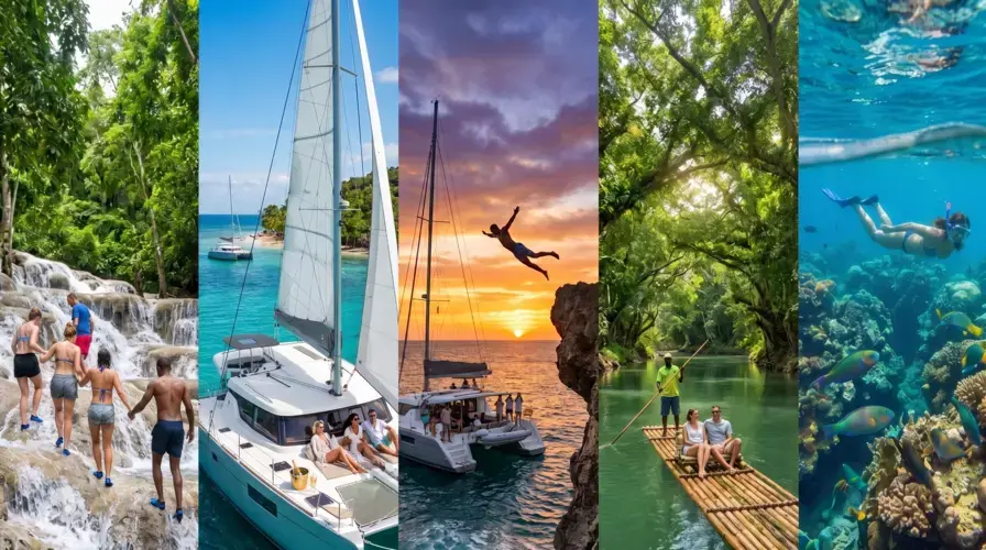 A waterfall climb, a catamaran cruise, a sunset cliff dive, a bamboo river raft and reef snorkeling in Jamaica
