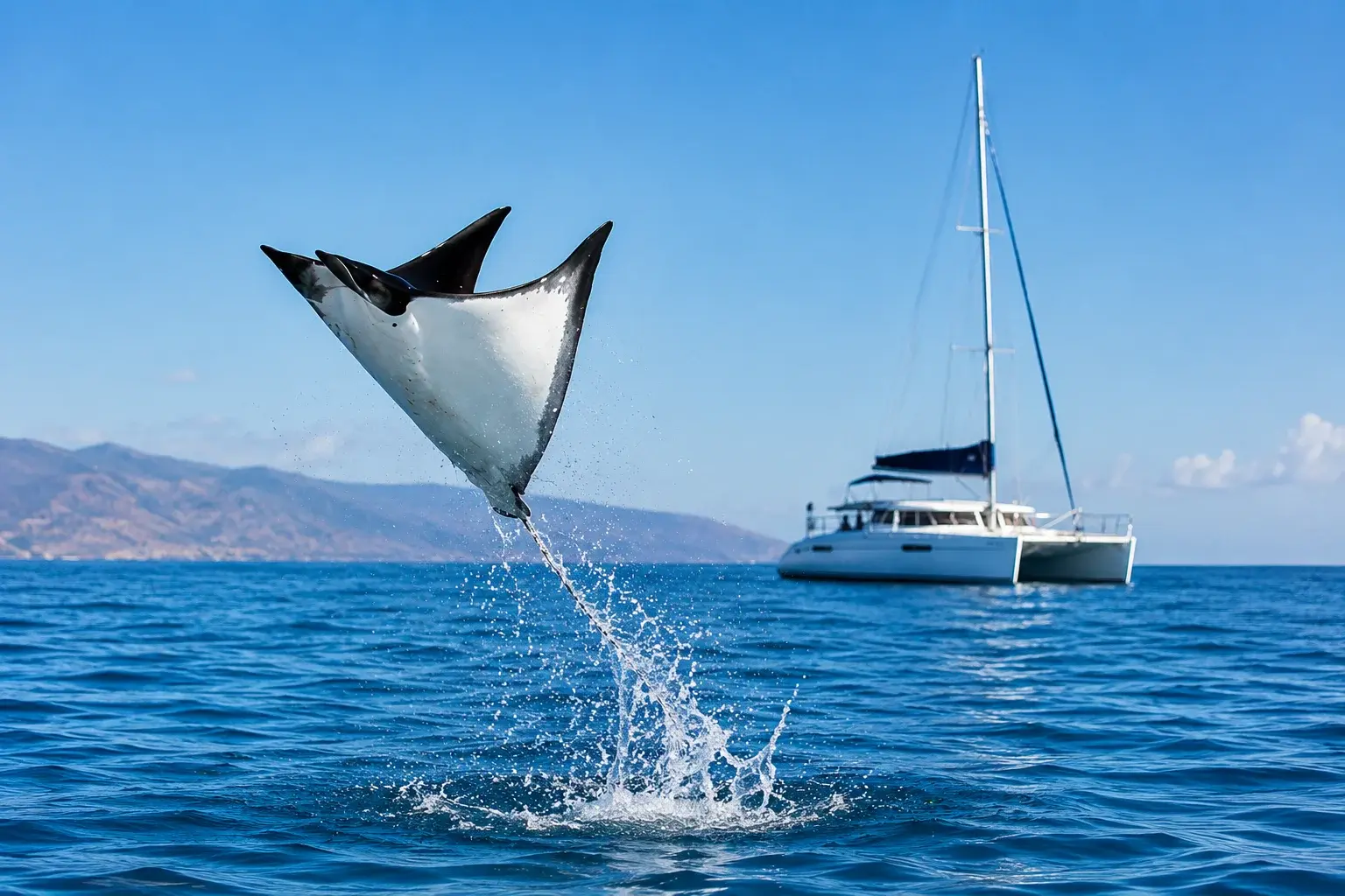 Manta ray leaping from the Sea of Cortez with a catamaran sailing in the background.