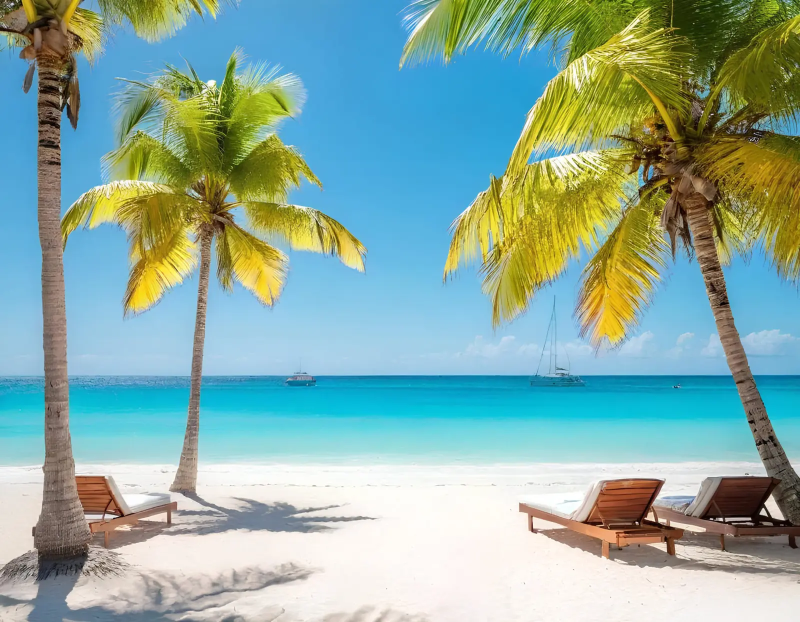 Wooden sun loungers under coconut palms on a white-sand Punta Cana beach facing turquoise water