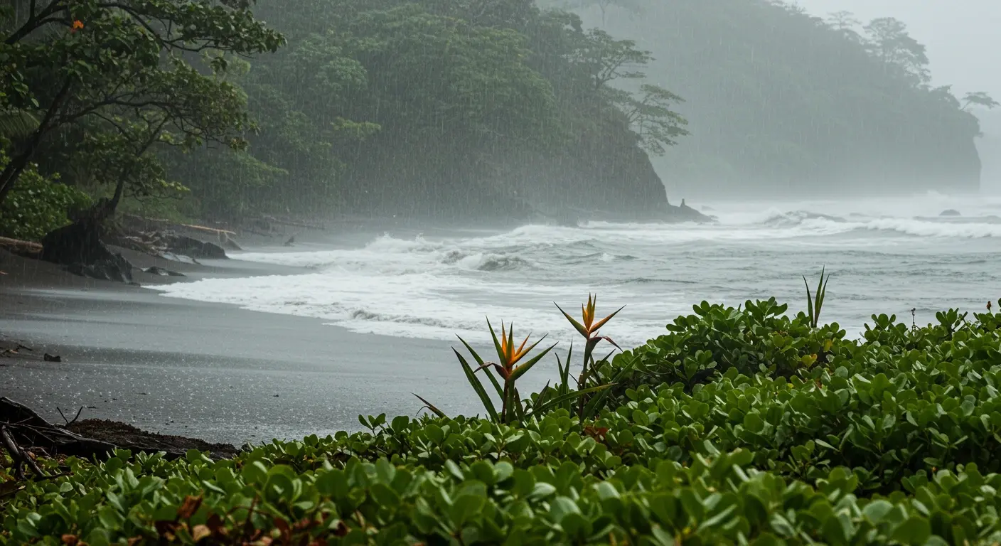 Heavy rain on a dark-sand beach in Costa Rica, with rough surf, a misty jungle headland and coastal plants