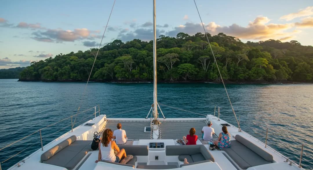 Travelers enjoying a catamaran cruise in Costa Rica, sunny skies, calm seas, and lush green islands.