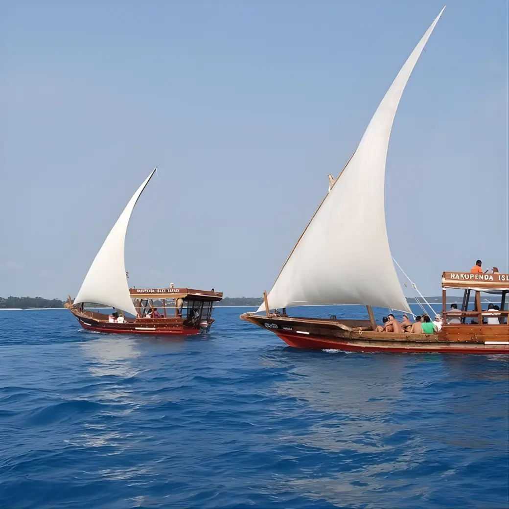 Two wooden dhows under white lateen sails crossing deep blue water off Zanzibar