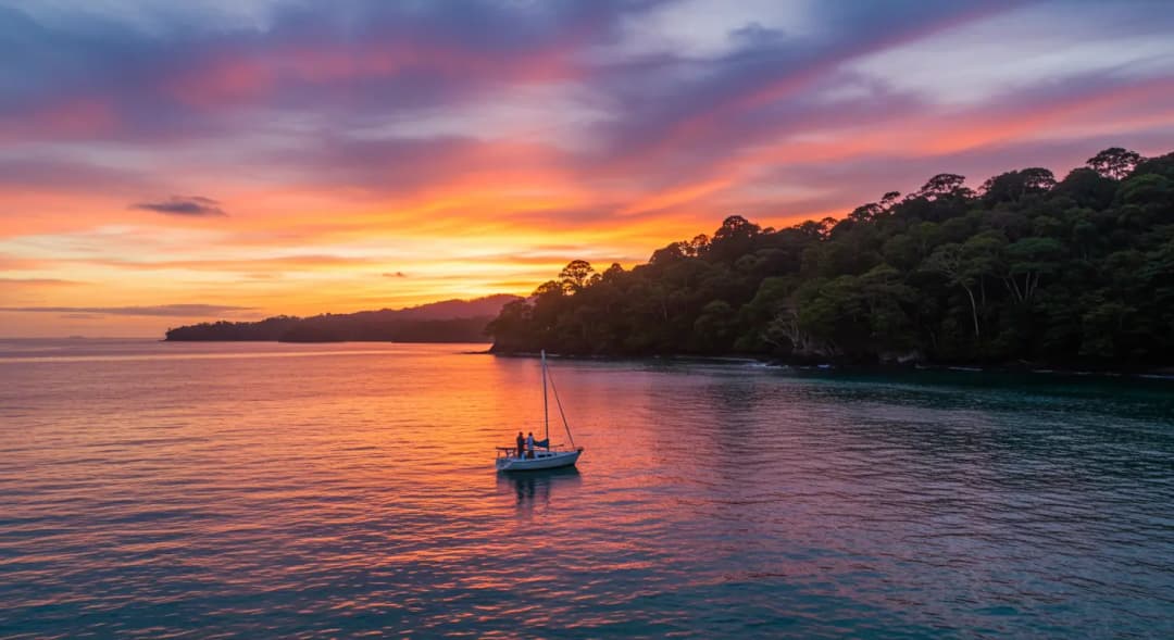 Boat at sunset in Costa Rica, showcasing vibrant colors.