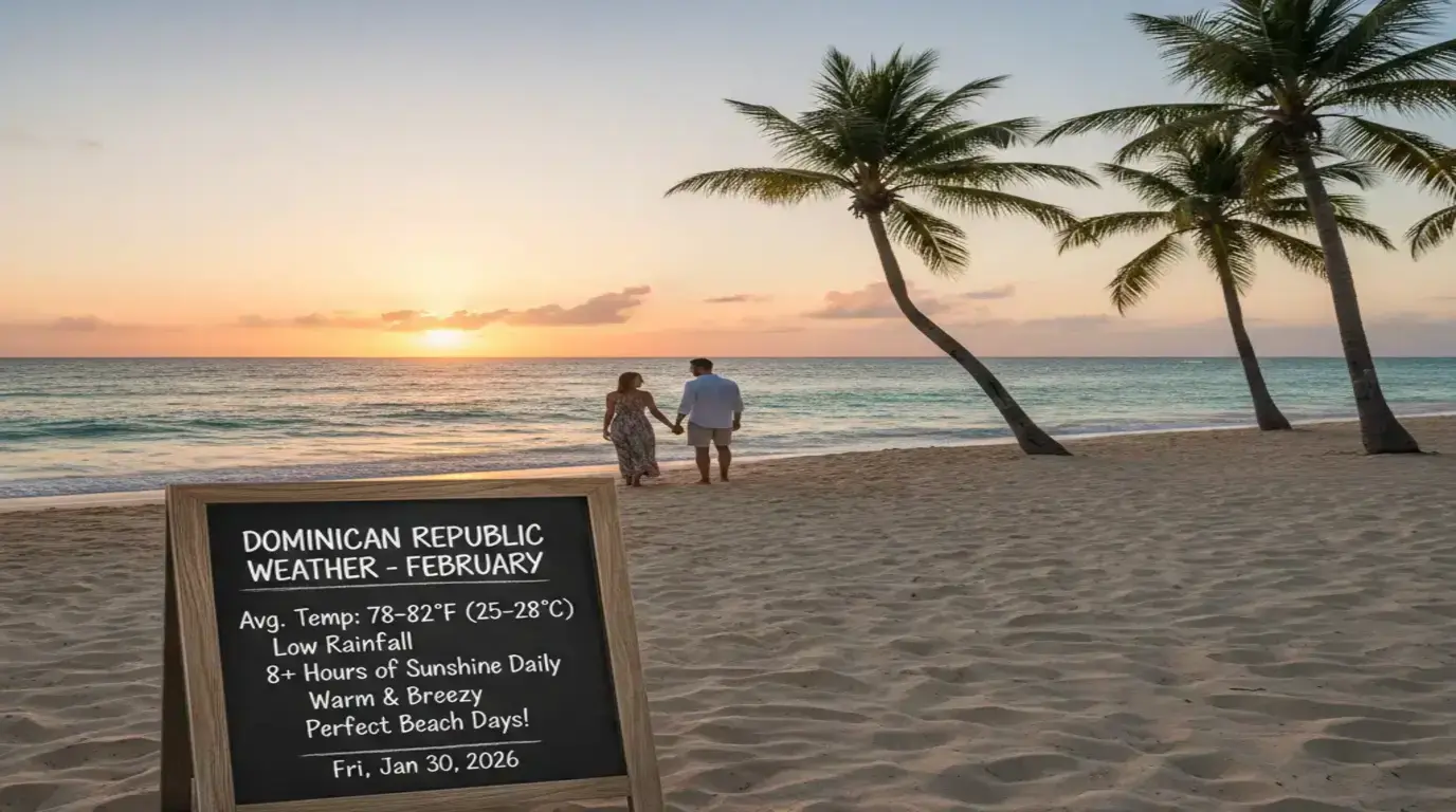 Couple on a Punta Cana beach at sunset with a chalkboard of February stats: 25 to 28°C, low rain, 8+ hours sun