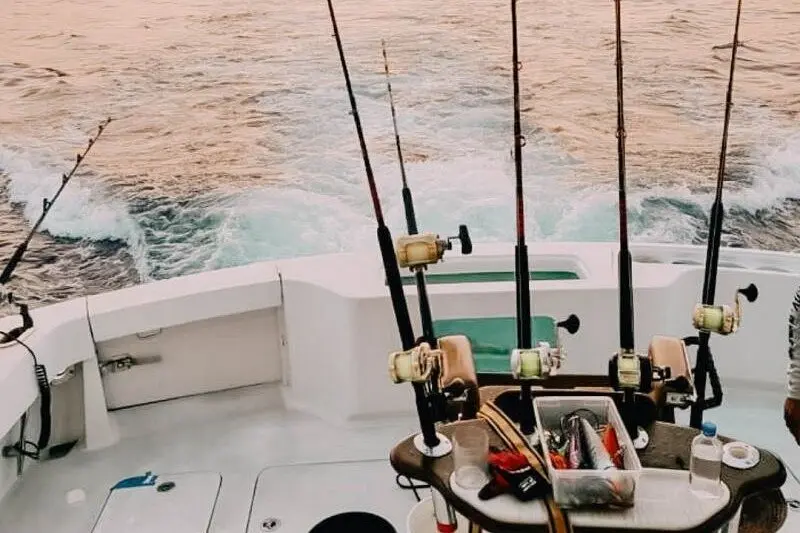 Trolling rods set in holders around a tackle station at the stern of a sportfishing boat, wake churning behind